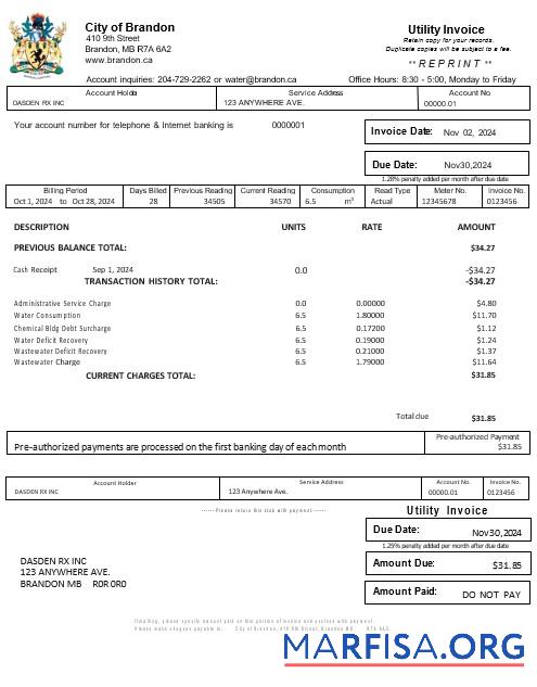 Realistic USA BRANDON MISSISSIPPI business utility bill Word and PDF template